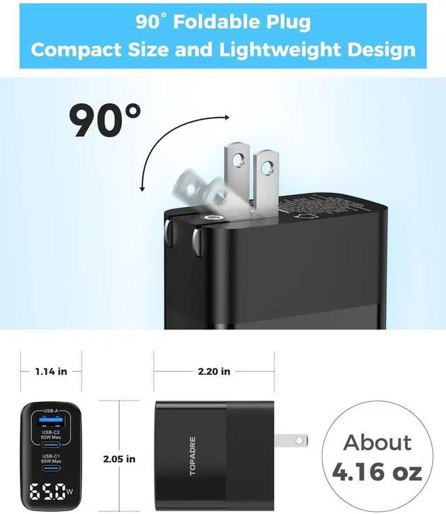 Alt view image 5 of 7 - 65W USB C Charger Block with Led Display, 3 Ports GaN Wall Charger Foldable Compact Type C Fast Charging for MacBook iPad Pro/Air, iPhone 17/16 Pro/Pro Max, for Samsung Galaxy S25/S24, Black