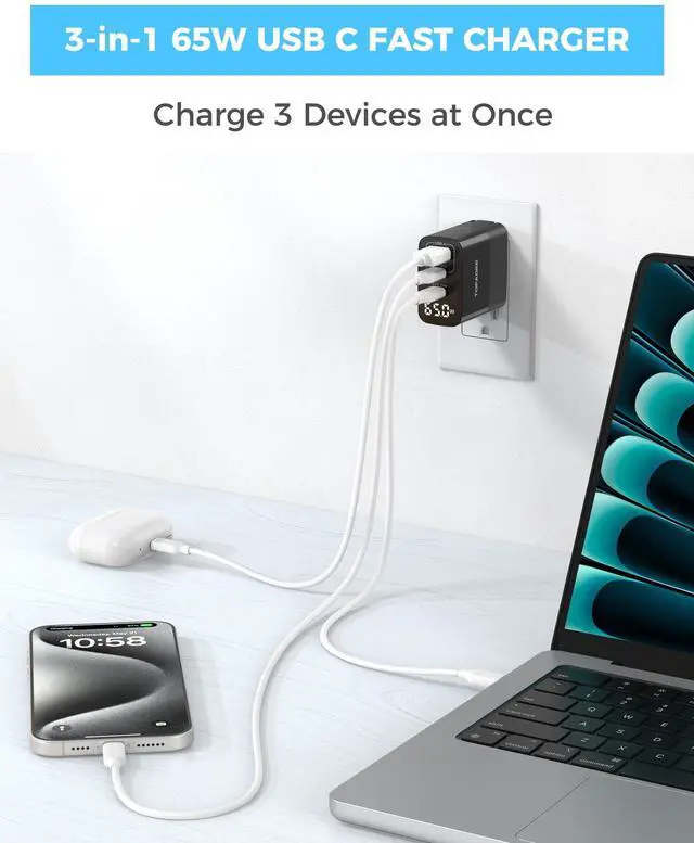Alt view image 3 of 7 - 65W USB C Charger Block with Led Display, 3 Ports GaN Wall Charger Foldable Compact Type C Fast Charging for MacBook iPad Pro/Air, iPhone 17/16 Pro/Pro Max, for Samsung Galaxy S25/S24, Black