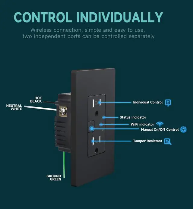 Alt view image 3 of 7 - 2Pack Smart Power Wall Outlet, 15 Amp WiFi Socket Divided Control, Remote Control by Smartphone, Compatible with Alexa and Google Home, No Hub Required, Black, ETL&FCC Listed, 2.4G WiFi Only