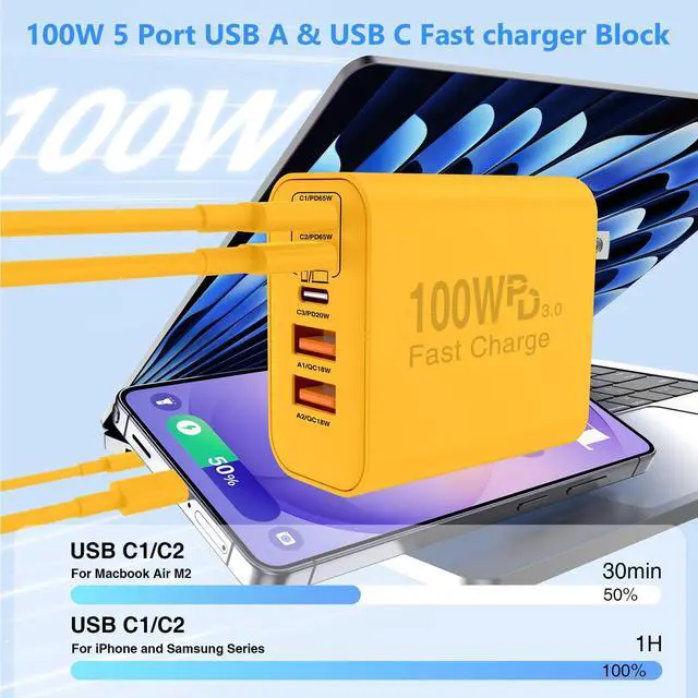 Main image of USB C Wall Fast Charger Block, 100W 5-Port Type C Fast Charging Block 3 Pack-PD Power Charger Adapter QC 3.0 USB Multiport Charger Brick for iPhone 17 16, Samsung Series MacBook/Air, iPad, etc.