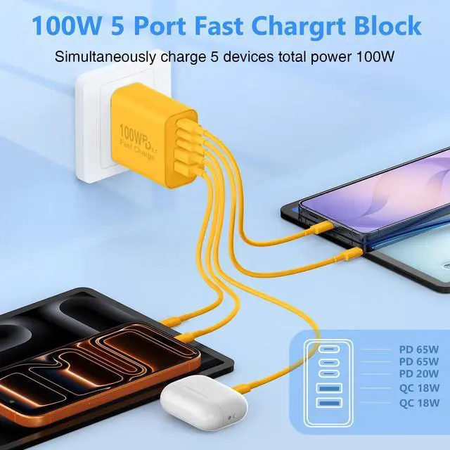 Alt view image 2 of 5 - USB C Wall Fast Charger Block, 100W 5-Port Type C Fast Charging Block 3 Pack-PD Power Charger Adapter QC 3.0 USB Multiport Charger Brick for iPhone 17 16, Samsung Series MacBook/Air, iPad, etc.