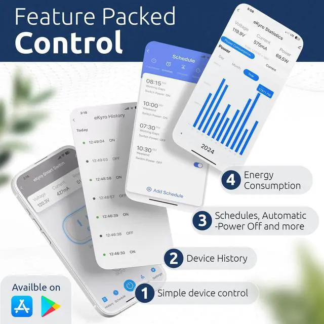 Alt view image 3 of 7 - eKyro Smart Plug Energy Monitor | Compatible with Alexa, Google Home Assistant, iPhone, Siri, Android, Power Tracking 15A 1800W, No Hub Required Energy Monitoring Outlet (Energy Monitoring, 1)