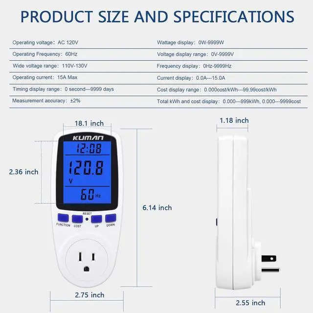 Alt view image 3 of 6 - Upgraded Watt Meter, Home Electricity Usage Monitor, Plug-in Socket Power Meter, Power Watt Voltage Amps Meter Tester, Overload Protection