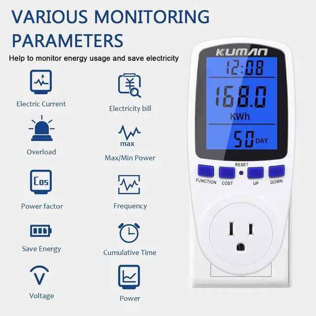 Alt view image 4 of 6 - Upgraded Watt Meter, Home Electricity Usage Monitor, Plug-in Socket Power Meter, Power Watt Voltage Amps Meter Tester, Overload Protection