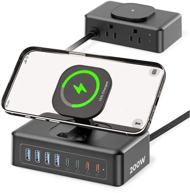 Main image of 200W USB Charging Station, 11-in-1 USB C Power Strip Surge Protector, 2AC Outlets & 8USB Ports, 5ft Flat Plug Extension Cord with Multiple Devices, Desktop Charger for Home Office Desk Accessories