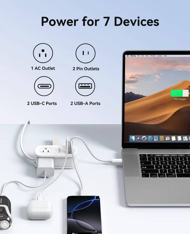 Alt view image 2 of 7 - 65W GaN Travel Power Strip with Flat Plug and 4FT Extension Cord 7-in-1 Charging Ports (3 AC Outlets/2 USB-A/2 USB-C), Fast Charger for MacBook Pro/Air, iPad Pro, iPhone 17/16/15- AP3