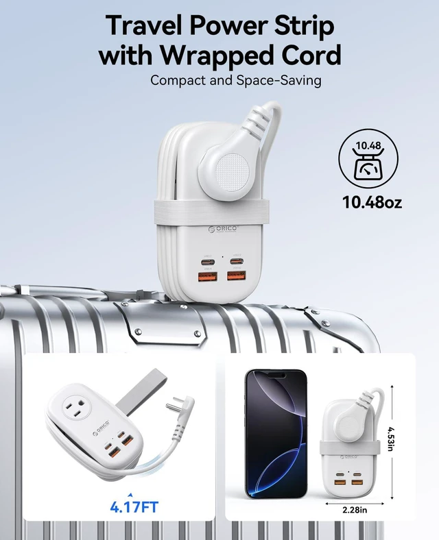 Alt view image 5 of 7 - 65W GaN Travel Power Strip with Flat Plug and 4FT Extension Cord 7-in-1 Charging Ports (3 AC Outlets/2 USB-A/2 USB-C), Fast Charger for MacBook Pro/Air, iPad Pro, iPhone 17/16/15- AP3