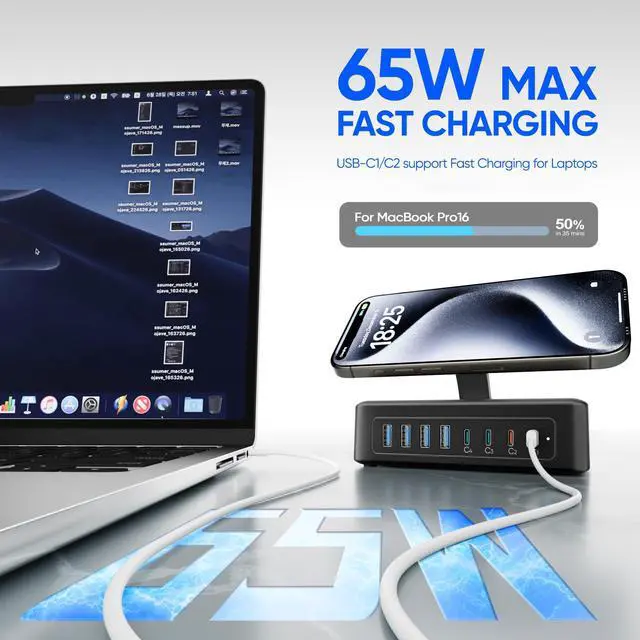 Alt view image 3 of 7 - 200W USB Charging Station, 11-in-1 USB C Power Strip Surge Protector, 2AC Outlets & 8USB Ports, 5ft Flat Plug Extension Cord with Multiple Devices, Desktop Charger for Home Office Desk Accessories