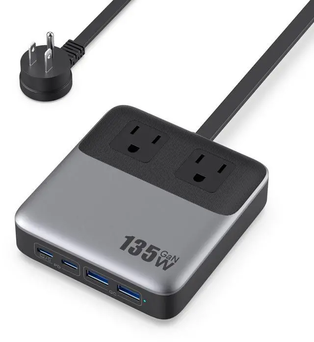 Main image of 6-in-1 Charging Station USB C Power Strip with 5ft Cord and Plug,135W GaN-IV USB C Charger Block,2 AC Outlets,2 USB-A,2 USB-C for MacBook,iPhone 16/15/14,Fast Charging Desktop Charger for Office,Home