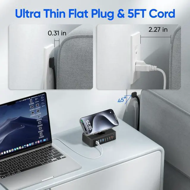 Alt view image 6 of 7 - 200W USB Charging Station, 11-in-1 USB C Power Strip Surge Protector, 2AC Outlets & 8USB Ports, 5ft Flat Plug Extension Cord with Multiple Devices, Desktop Charger for Home Office Desk Accessories