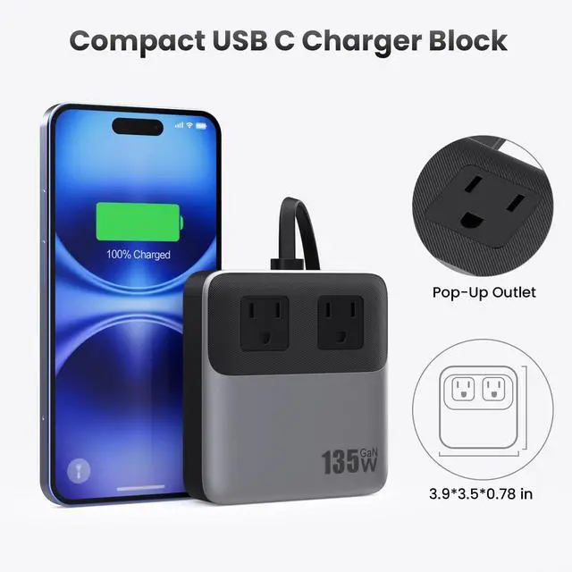 Alt view image 6 of 7 - 6-in-1 Charging Station USB C Power Strip with 5ft Cord and Plug,135W GaN-IV USB C Charger Block,2 AC Outlets,2 USB-A,2 USB-C for MacBook,iPhone 16/15/14,Fast Charging Desktop Charger for Office,Home