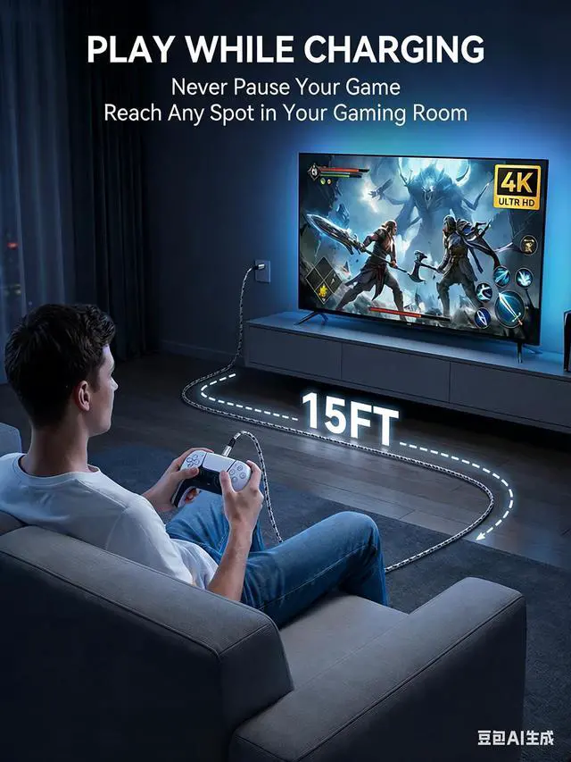 Alt view image 4 of 7 - USB C to USB C Cable 15ft - 60W Fast Charging, Braided Extra Long USB C Charging Cable for Security Camera, Gaming Controllers, iPhone 17/16/15, Galaxy S25/S24, iPad