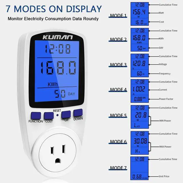 Alt view image 2 of 6 - Upgraded Watt Meter, Home Electricity Usage Monitor, Plug-in Socket Power Meter, Power Watt Voltage Amps Meter Tester, Overload Protection