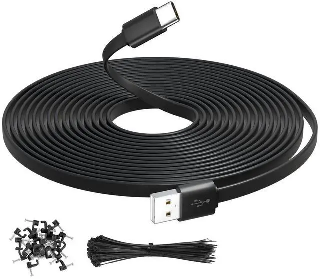Main image of 16.4FT/5M Extra Long Flat USB A to USBC Cable with Fixing Nails and Ties Data Transfer Charging Power Extension Cord for Home Security Cameras, Phones, Tablets, Gaming Controller, etc