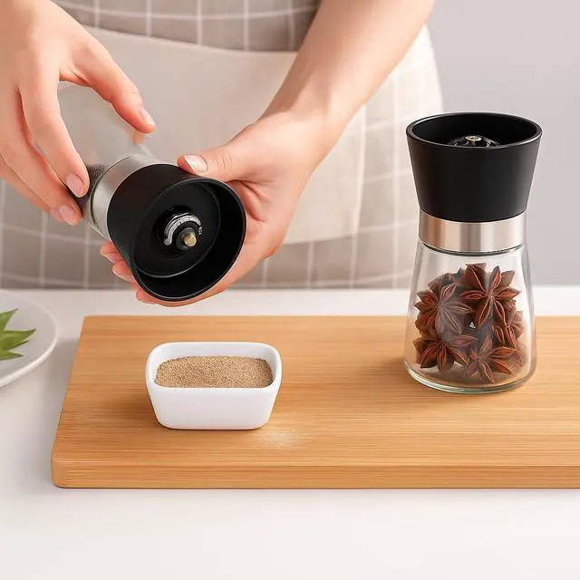 Alt view image 4 of 5 - Premium Herb and Spice Grinder Manual Glass Jar with lid with Adjustable Ceramic Burr, Portable Coffee Bean Grinder, Pepper Mill, Salt Grinder, Seed Grinder and Kitchen Spice Crusher