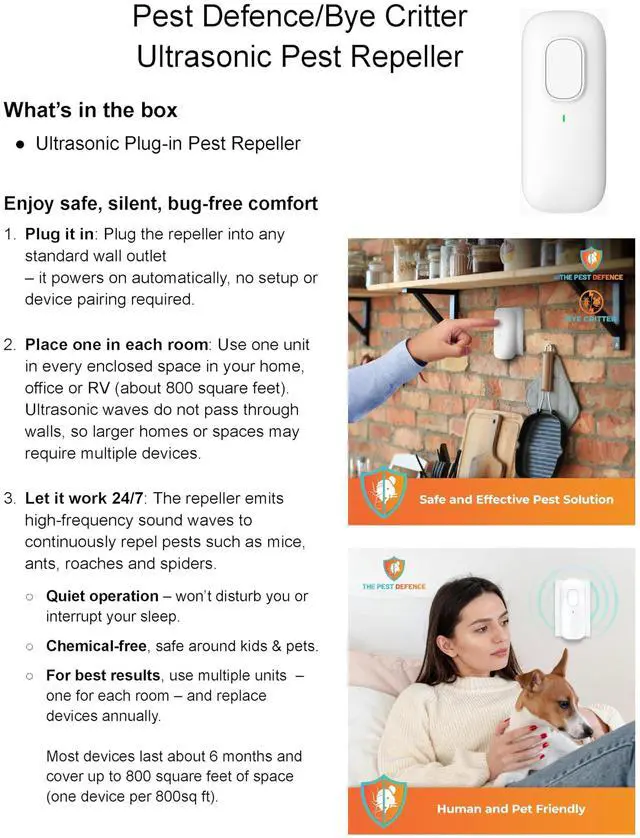 Alt view image 4 of 6 - Pest Defence Ultrasonic Pest Repeller, Bye Critter Ultrasonic Pest Repeller Plug-in Mouse Repellent for Home Repels Mice, Spiders, Rodents, Cockroaches, and Ants Eco-Friendly, Chemical-Free