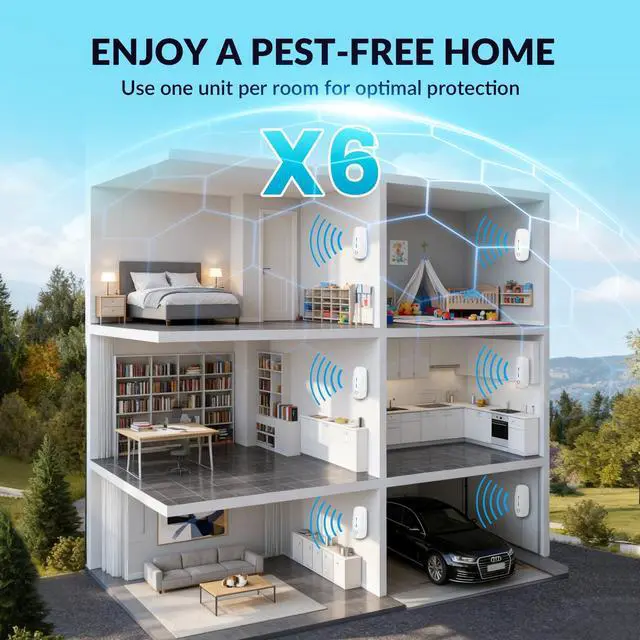 Alt view image 5 of 6 - Ultrasonic Pest Repeller, 6 Pack Indoor Ultrasonic Pest Repellent Plug-in for Roach, Rodent, Mouse, Bugs, Mosquito, Mice, Spider, Ant, Insect Repeller Indoor for Home, Office, Warehouse, Hotel