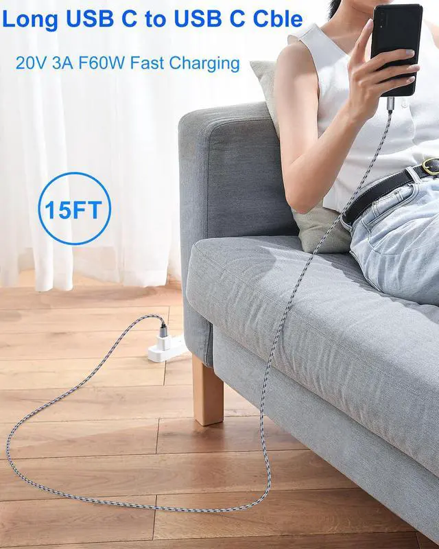 Alt view image 2 of 7 - USB C to USB C Cable 15ft - 60W Fast Charging, Braided Extra Long USB C Charging Cable for Security Camera, Gaming Controllers, iPhone 17/16/15, Galaxy S25/S24, iPad