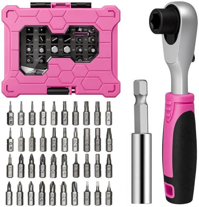 Main image of Mini Ratchet Screwdriver Set for Bike Repairs, Pink Portable Tool Kit for Women, 72-Tooth Compact Ratchet with Bits & Extension Rod for Tight Spaces, Furniture, Bicycle & Motorbike
