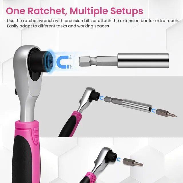 Alt view image 2 of 7 - Mini Ratchet Screwdriver Set for Bike Repairs, Pink Portable Tool Kit for Women, 72-Tooth Compact Ratchet with Bits & Extension Rod for Tight Spaces, Furniture, Bicycle & Motorbike