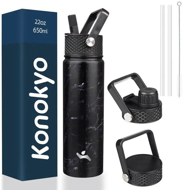 Main image of 22oz Stainless Steel Bottles with 3 Lids Sport Insulated Water Bottle,Marble Midnight