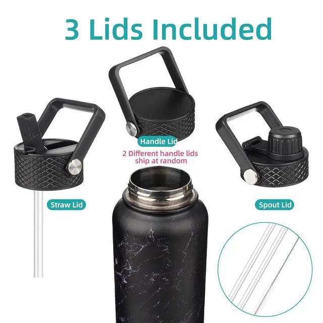 Alt view image 3 of 7 - 22oz Stainless Steel Bottles with 3 Lids Sport Insulated Water Bottle,Marble Midnight