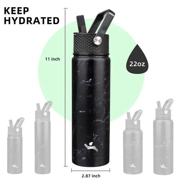Alt view image 5 of 7 - 22oz Stainless Steel Bottles with 3 Lids Sport Insulated Water Bottle,Marble Midnight