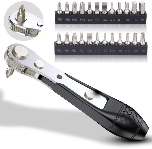 Main image of 25in1 S2 Steel Mini Ratchet Wrench Screwdriver Bit Set with 1/4" Hex Drive Phillips/Slotted/Hexagon/Torx Bits, 36-Tooth Gear, Magnetic Bit Holder, 90 Degree Offset Reversible