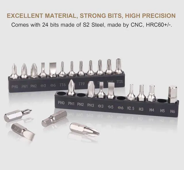 Alt view image 2 of 7 - 25in1 S2 Steel Mini Ratchet Wrench Screwdriver Bit Set with 1/4" Hex Drive Phillips/Slotted/Hexagon/Torx Bits, 36-Tooth Gear, Magnetic Bit Holder, 90 Degree Offset Reversible