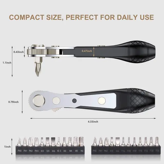 Alt view image 7 of 7 - 25in1 S2 Steel Mini Ratchet Wrench Screwdriver Bit Set with 1/4" Hex Drive Phillips/Slotted/Hexagon/Torx Bits, 36-Tooth Gear, Magnetic Bit Holder, 90 Degree Offset Reversible