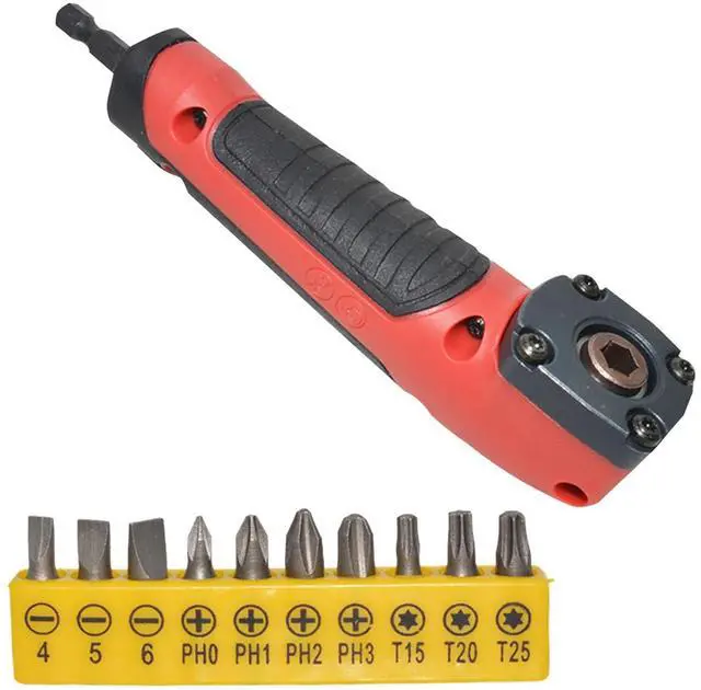Main image of 90 Degree Drill Adapter, 1/4 Inch Right Angle Corner Device Screwdriver Socket Adapter Kit Drill Attachment with 10 Bit Sets and Holder for Drilling or Driving in Tight Spaces(COLOR:Black Red)