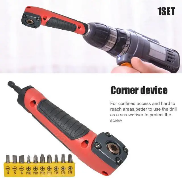 Alt view image 3 of 7 - 90 Degree Drill Adapter, 1/4 Inch Right Angle Corner Device Screwdriver Socket Adapter Kit Drill Attachment with 10 Bit Sets and Holder for Drilling or Driving in Tight Spaces(COLOR:Black Red)