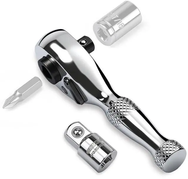 Main image of HORUSDY 1/4-Inch Stubby Ratchet Wrench Set, Chrome Alloy 90-Tooth Reversible 1/4" Drive Handle with Magnetic Bit Driver & 1/4" to 3/8" Adapter, Compact Socket Wrench for Tight Spaces, Auto, DIY