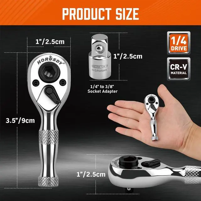 Alt view image 2 of 7 - HORUSDY 1/4-Inch Stubby Ratchet Wrench Set, Chrome Alloy 90-Tooth Reversible 1/4" Drive Handle with Magnetic Bit Driver & 1/4" to 3/8" Adapter, Compact Socket Wrench for Tight Spaces, Auto, DIY