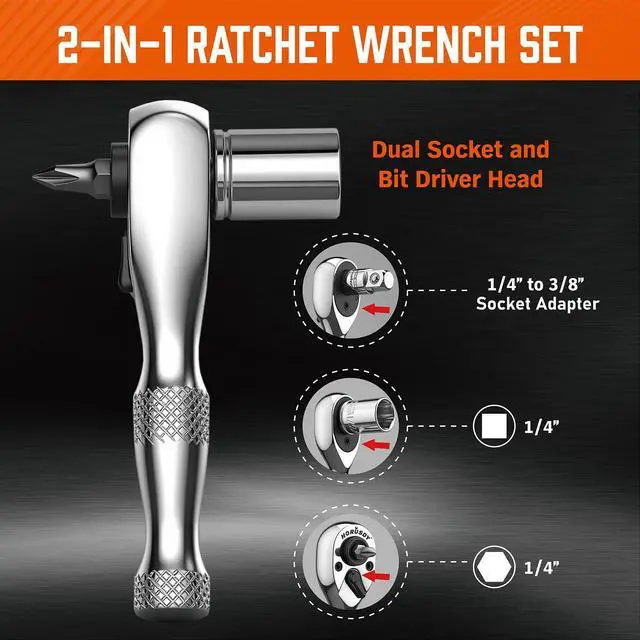 Alt view image 3 of 7 - HORUSDY 1/4-Inch Stubby Ratchet Wrench Set, Chrome Alloy 90-Tooth Reversible 1/4" Drive Handle with Magnetic Bit Driver & 1/4" to 3/8" Adapter, Compact Socket Wrench for Tight Spaces, Auto, DIY