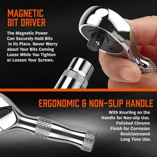 Alt view image 6 of 7 - HORUSDY 1/4-Inch Stubby Ratchet Wrench Set, Chrome Alloy 90-Tooth Reversible 1/4" Drive Handle with Magnetic Bit Driver & 1/4" to 3/8" Adapter, Compact Socket Wrench for Tight Spaces, Auto, DIY