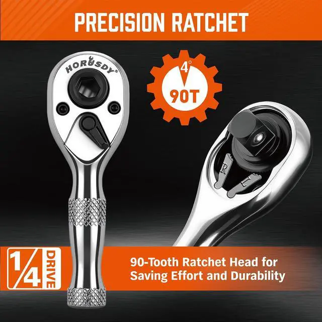Alt view image 4 of 7 - HORUSDY 1/4-Inch Stubby Ratchet Wrench Set, Chrome Alloy 90-Tooth Reversible 1/4" Drive Handle with Magnetic Bit Driver & 1/4" to 3/8" Adapter, Compact Socket Wrench for Tight Spaces, Auto, DIY