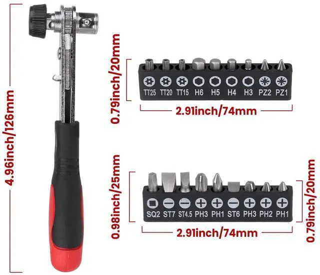 Alt view image 5 of 6 - 20pc 1/4 Ratchet Wrench Close Quarters Screwdriver Set with High Torque - Right Angle EDC Tool with 90 Degree Mini Offset Reversible Drive Handle & Multi Hex Bits Set