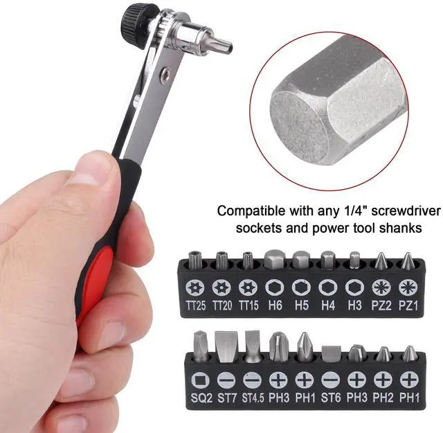 Alt view image 4 of 6 - 20pc 1/4 Ratchet Wrench Close Quarters Screwdriver Set with High Torque - Right Angle EDC Tool with 90 Degree Mini Offset Reversible Drive Handle & Multi Hex Bits Set