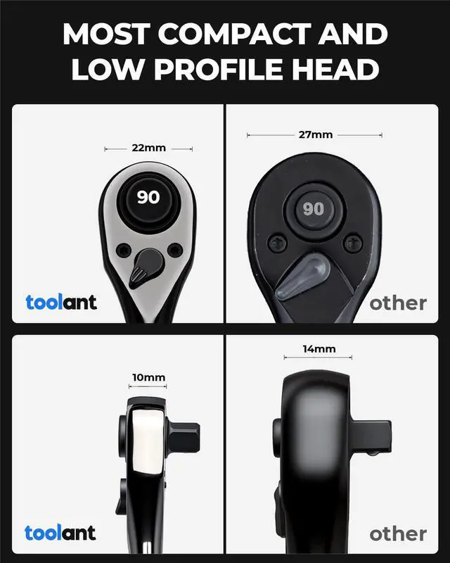 Alt view image 2 of 7 - 1/4" Drive Ratchet, 90-Tooth Compact Ratchet Wrench, 4°Swing, Black Titanium Finish With Reversible Quick Release, 5" Length