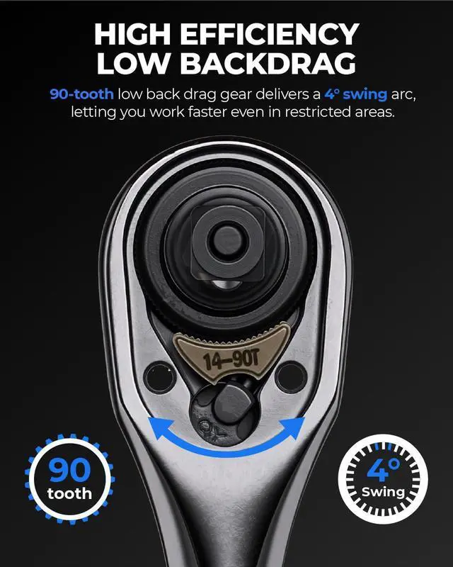 Alt view image 3 of 7 - 1/4" Drive Ratchet, 90-Tooth Compact Ratchet Wrench, 4°Swing, Black Titanium Finish With Reversible Quick Release, 5" Length