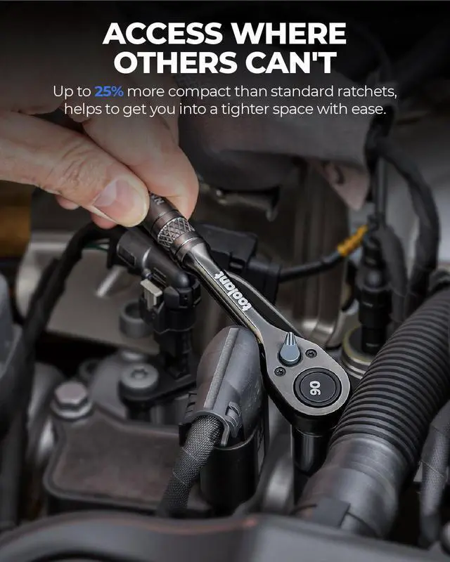 Alt view image 4 of 7 - 1/4" Drive Ratchet, 90-Tooth Compact Ratchet Wrench, 4°Swing, Black Titanium Finish With Reversible Quick Release, 5" Length