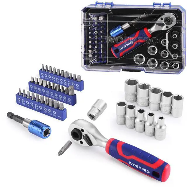 Main image of 42 PCS 1/4" Drive Mini Socket Ratchet Wrench Set, Right Angle Screwdriver Bit Set, Dual Socket & Bit Head Ratchet, Metric Sockets 4-13mm, Quick-Release Bit Holder, with Storage Case