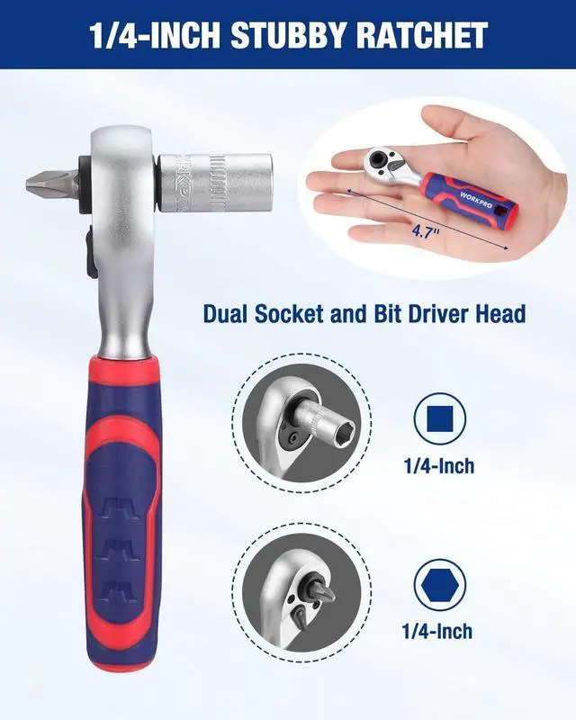 Alt view image 4 of 7 - 42 PCS 1/4" Drive Mini Socket Ratchet Wrench Set, Right Angle Screwdriver Bit Set, Dual Socket & Bit Head Ratchet, Metric Sockets 4-13mm, Quick-Release Bit Holder, with Storage Case