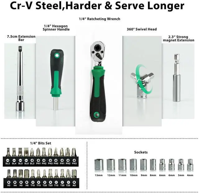 Alt view image 2 of 7 - 39pcs Mini Ratchet Wrench Set, CR-V Metric Sockets with Quick-Release Ratcheting Wrench, Extension Bar, Spinner Handle & Adapter, Compact Mechanics Tool Set for Car Repair