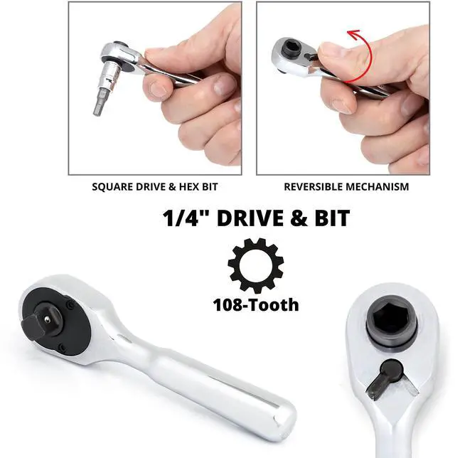 Alt view image 3 of 6 - 03002A Stubby Ratchet, 1/4 Inch Ratchet Wrench and Bit Driver, 108-Tooth Reversible Ratchet, 3.3 Degree, Mini 1/4 Ratchet Drive, Oval Head Wrench, CR-V Steel Quarter Inch Small Ratchet Wrench