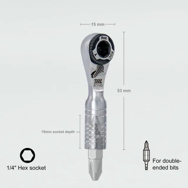 Alt view image 2 of 7 - Mini Ratchet Wrench TG - One of the World's Smallest 1/4" EDC Ratchet Wrench For Tight Spaces - Stainless Steel - For Double-ended Bits