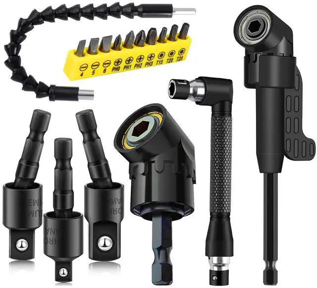 Main image of Right Angle Drill Attachment, Flexible Drill Bit Extension, 17PC Magnetic Drill Bit Set 90/105° Angled Rotatable Socket Adapters, Ratchet Wrenches for Tight Narrow Spaces Home Garage Technicians