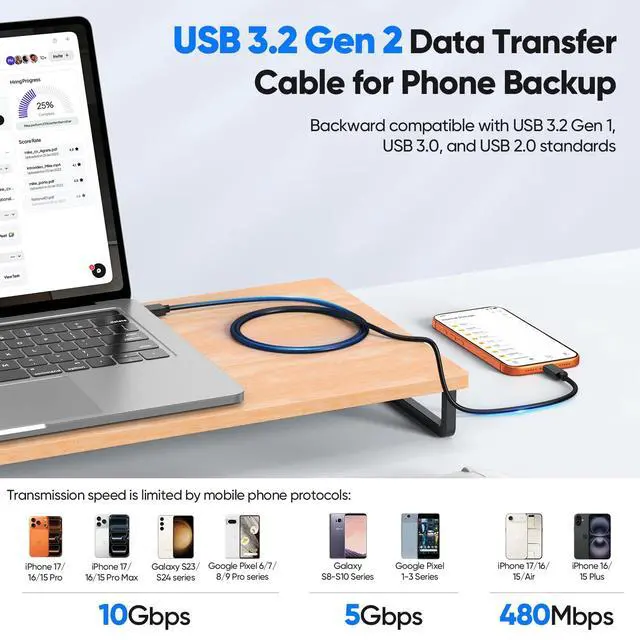 Alt view image 5 of 7 - USB C Data Cable 3ft, USB C 3.2 Gen 2 Cable with 10Gbps Data Transfer & 60W Fast Charging, USBC to Type-C Android Auto Cord for iPhone 17/16/15 Galaxy S25/24 Protable SSD iPad Air/Pro Laptop Mini PC