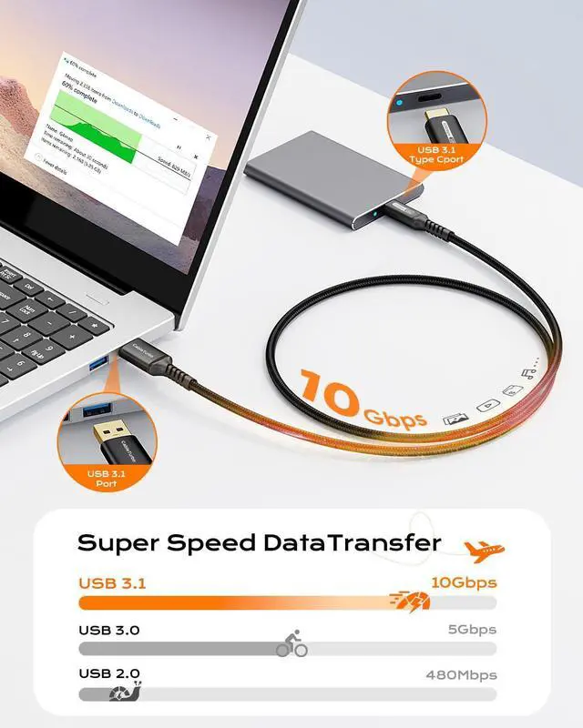 Alt view image 2 of 7 - 10Gbps Android Auto USB Cable, 4FT USB 3.1 Gen 2 Data Transfer & 3A Fast Charge USB A to USB C CarPlay Cable Braided Cord for iPhone 17/16/15, Galaxy S26/S25, SSD, Xbox/PS5, Tablet, Camera and More